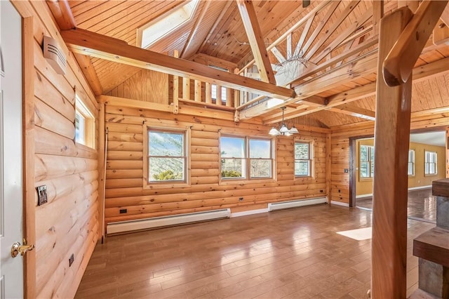 interior space featuring a baseboard heating unit, hardwood / wood-style flooring, and wooden ceiling