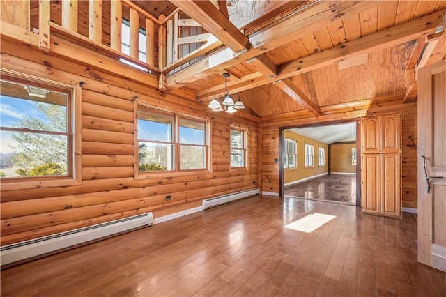 empty room featuring a baseboard heating unit, beamed ceiling, wooden ceiling, and dark wood-style flooring