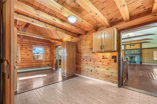 spare room featuring wooden walls, wood finished floors, a fireplace, wood ceiling, and beamed ceiling