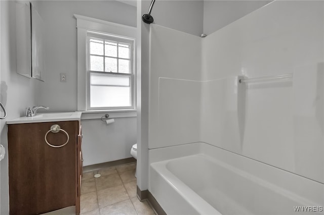 bathroom featuring tile patterned floors, shower / bathing tub combination, toilet, and vanity