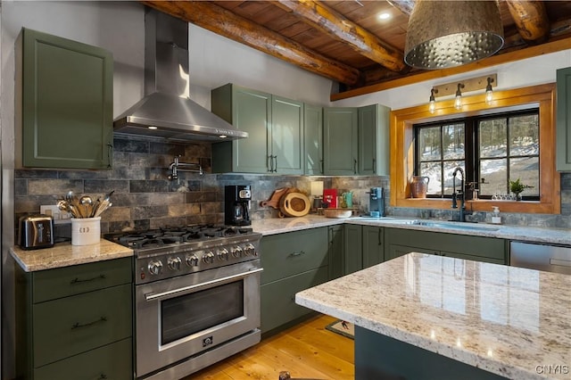 1392 Big Moose Rd, Webb, NY 13331 - kitchen featuring green cabinetry, high end stainless steel range oven, and wood ceiling with exposed beams
