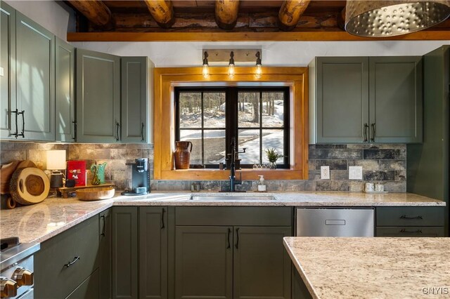1392 Big Moose Rd, Webb, NY 13331 - kitchen with a sink, decorative backsplash, beam ceiling, stainless steel dishwasher, and green cabinetry