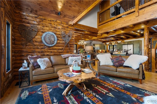 1392 Big Moose Rd, Webb, NY 13331 - living area featuring log walls, wood finished floors, and wooden ceiling