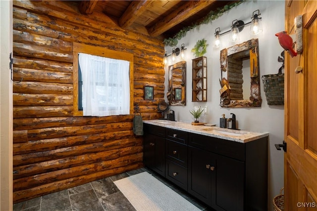 1392 Big Moose Rd, Webb, NY 13331 - full bathroom with log walls, wood ceiling with exposed beams, and double vanity