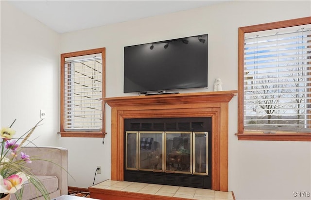 living area featuring a glass covered fireplace and plenty of natural light