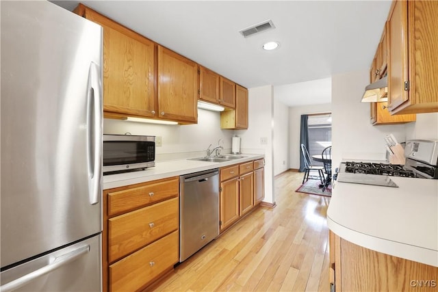 kitchen featuring visible vents, under cabinet range hood, a sink, appliances with stainless steel finishes, and light wood finished floors