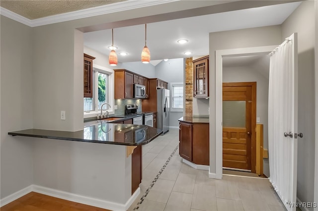 kitchen with a sink, a peninsula, a healthy amount of sunlight, and stainless steel appliances