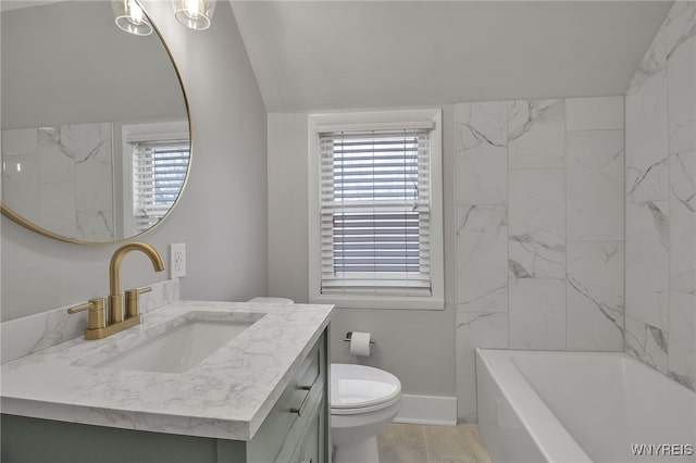 full bath with baseboards, toilet, vanity, and vaulted ceiling