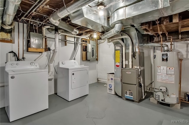 unfinished basement with gas water heater, heating unit, separate washer and dryer, and electric panel