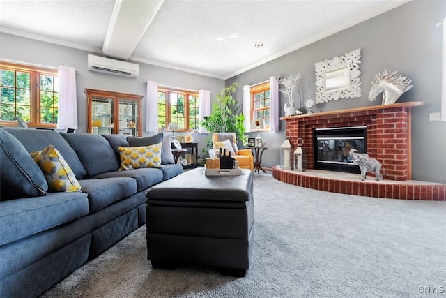 living room featuring an AC wall unit, a fireplace, carpet floors, and ornamental molding