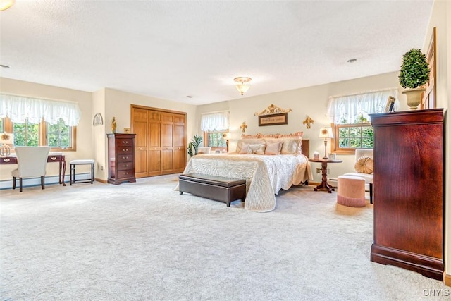 bedroom featuring a baseboard radiator, multiple windows, baseboards, and carpet flooring