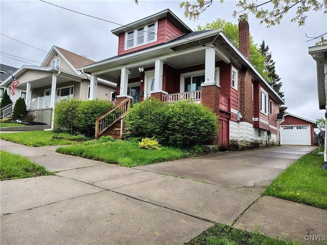 1644 Saint Agnes Ave, Utica, NY 13501 - bungalow-style house featuring an outdoor structure, a chimney, concrete driveway, a porch, and a detached garage