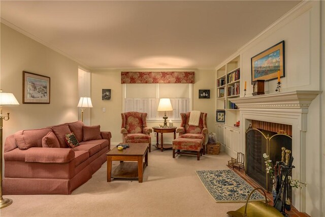 123 Sunset Ridge Rd, Otsego, NY 13326 - living room with carpet, built in features, crown molding, and a fireplace