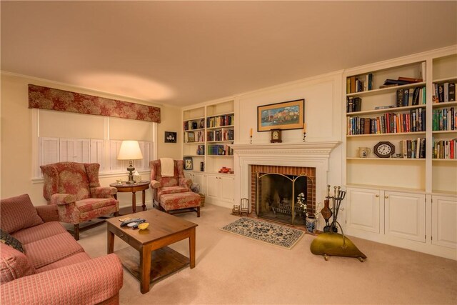 123 Sunset Ridge Rd, Otsego, NY 13326 - living area featuring carpet flooring, built in features, and a brick fireplace