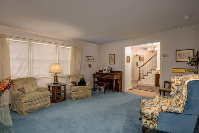 123 Sunset Ridge Rd, Otsego, NY 13326 - carpeted living area with crown molding, stairs, and a chandelier