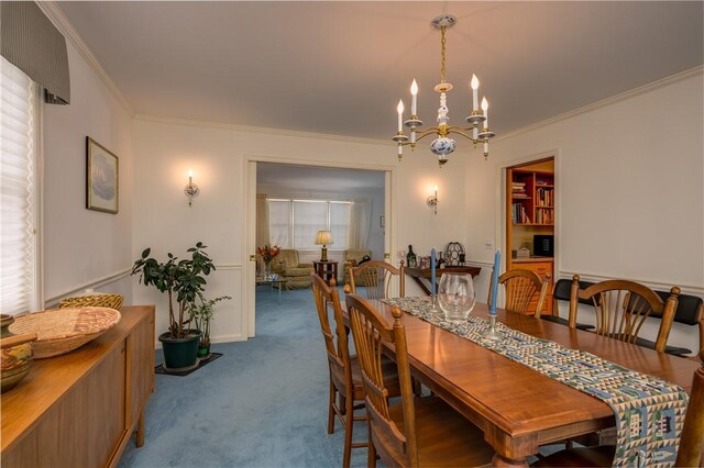 123 Sunset Ridge Rd, Otsego, NY 13326 - carpeted dining area with crown molding, a chandelier, and plenty of natural light
