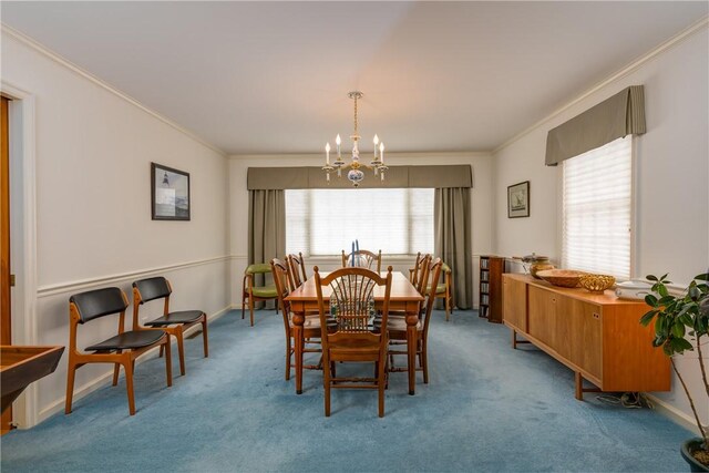 123 Sunset Ridge Rd, Otsego, NY 13326 - carpeted dining room with ornamental molding and a chandelier