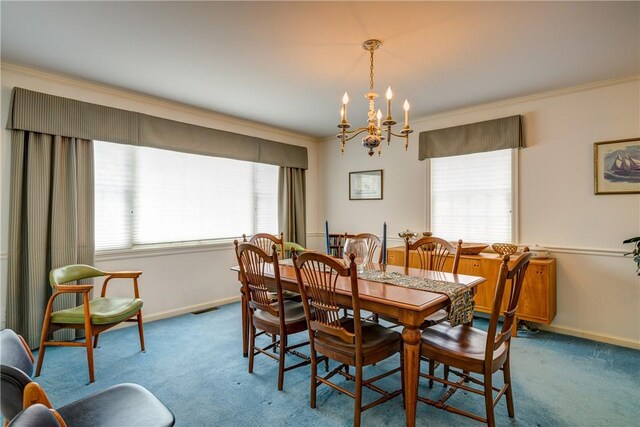 123 Sunset Ridge Rd, Otsego, NY 13326 - carpeted dining area with crown molding, a chandelier, and healthy amount of natural light