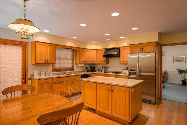 123 Sunset Ridge Rd, Otsego, NY 13326 - kitchen featuring stainless steel fridge, wall chimney exhaust hood, light countertops, a chandelier, and a center island