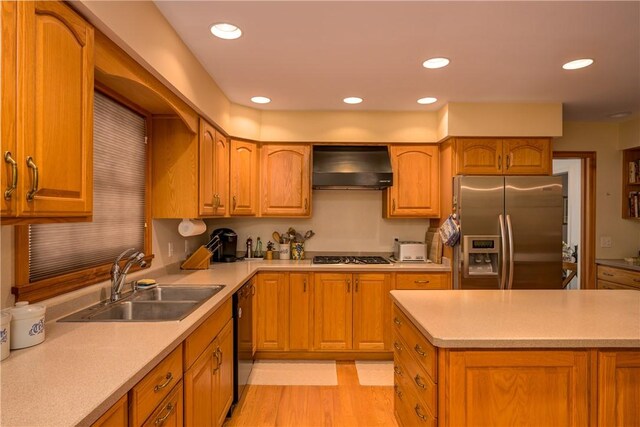 123 Sunset Ridge Rd, Otsego, NY 13326 - kitchen featuring wall chimney exhaust hood, stainless steel fridge with ice dispenser, dishwasher, light countertops, and recessed lighting