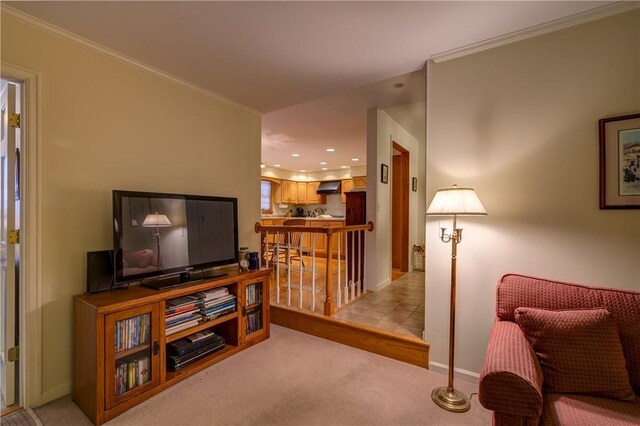 123 Sunset Ridge Rd, Otsego, NY 13326 - living room featuring crown molding, light carpet, and recessed lighting