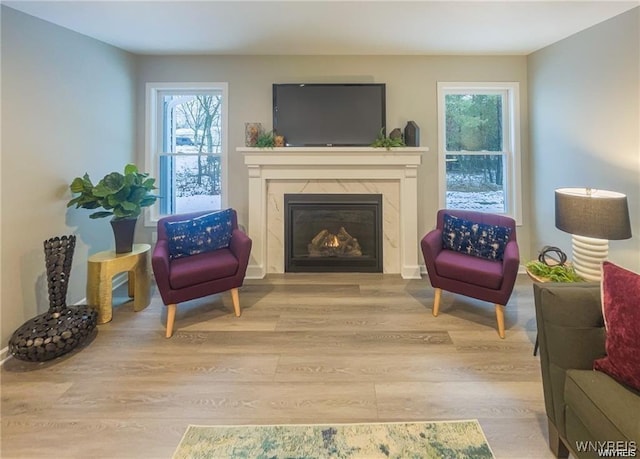 sitting room with a premium fireplace and wood finished floors
