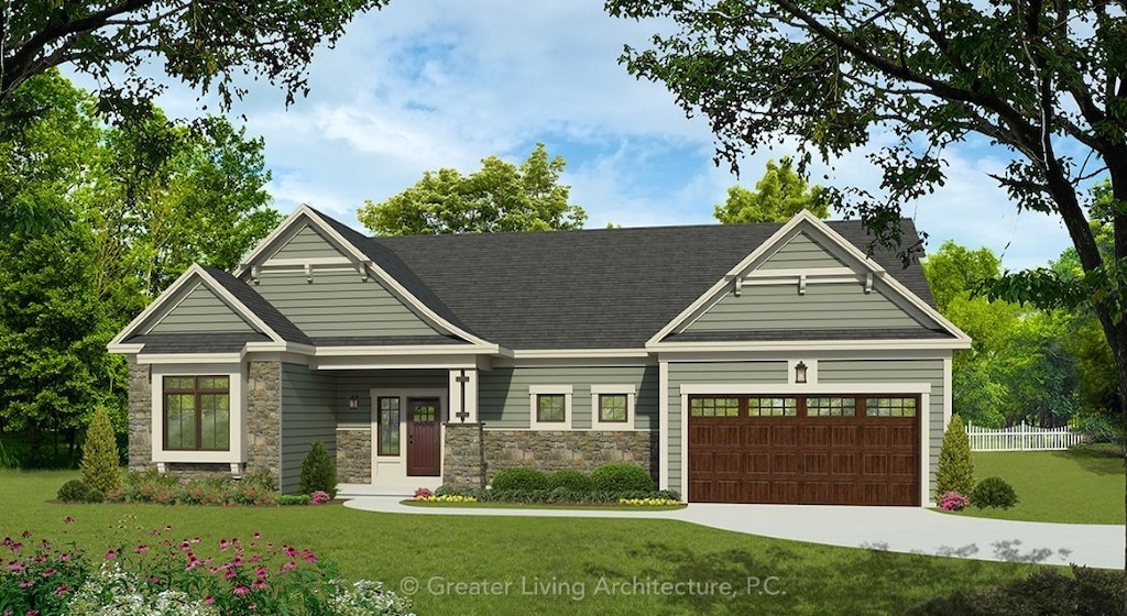 view of front facade featuring stone siding, an attached garage, concrete driveway, and a front yard