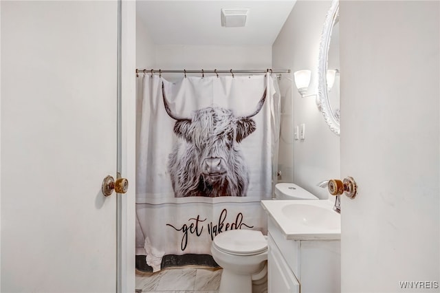 full bathroom with visible vents, toilet, a shower with curtain, marble finish floor, and vanity