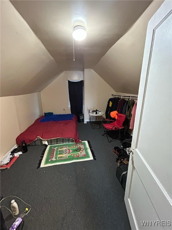 carpeted bedroom featuring lofted ceiling