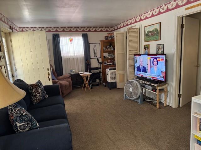 living area featuring carpet flooring
