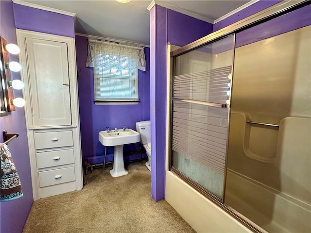 7 Hedgehog Ln, Bradford-Town, PA 16701 - bathroom with toilet, combined bath / shower with glass door, and crown molding