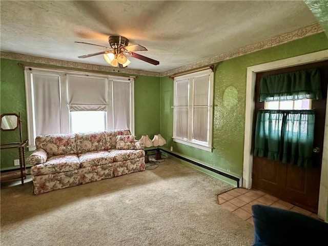 7 Hedgehog Ln, Bradford-Town, PA 16701 - carpeted living room featuring plenty of natural light, ceiling fan, a textured wall, and baseboards