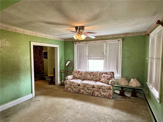 7 Hedgehog Ln, Bradford-Town, PA 16701 - sitting room with a textured wall, carpet flooring, baseboards, ceiling fan, and a textured ceiling