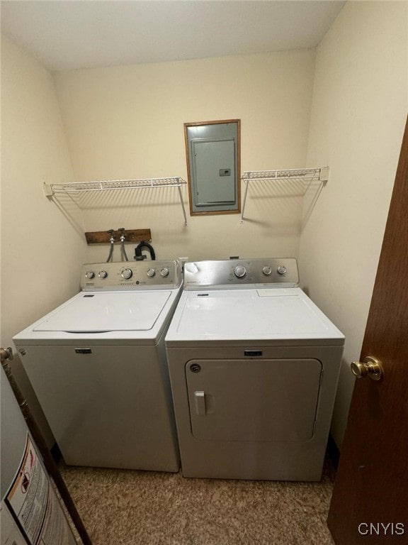 163 E 9th St, Oswego-City, NY 13126 - laundry room with laundry area, washer and clothes dryer, electric panel, and carpet flooring