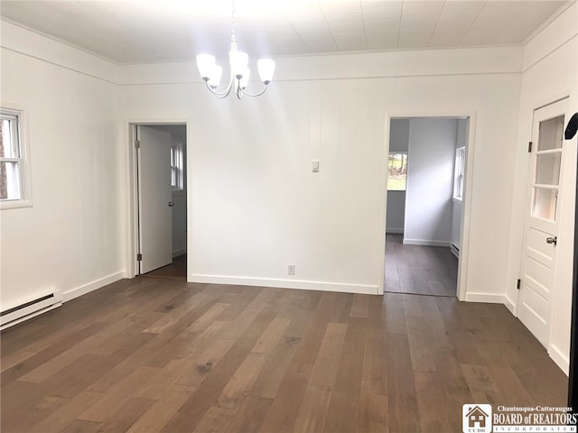 298 S Main St, Jamestown, NY 14701 - unfurnished dining area featuring a healthy amount of sunlight, dark wood-type flooring, an inviting chandelier, and a baseboard radiator