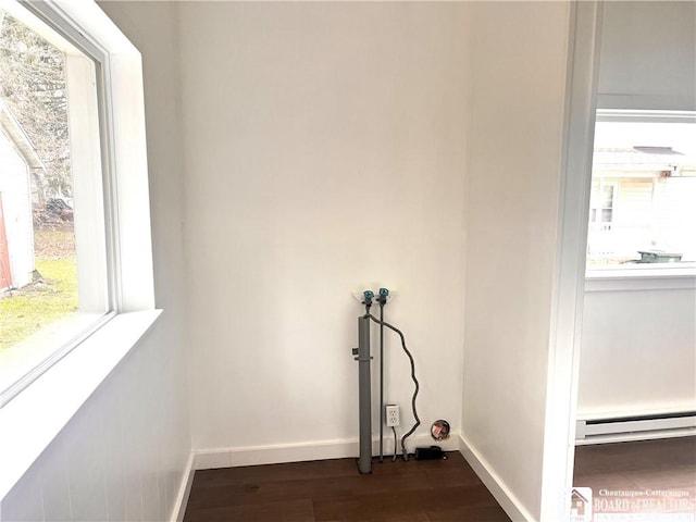298 S Main St, Jamestown, NY 14701 - washroom featuring baseboards, dark wood finished floors, laundry area, washer hookup, and baseboard heating