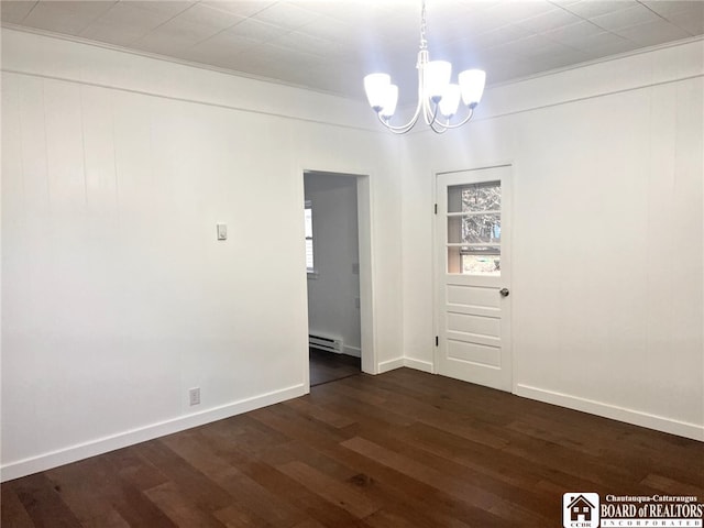 298 S Main St, Jamestown, NY 14701 - unfurnished dining area featuring a notable chandelier, dark wood-style flooring, baseboards, and a baseboard radiator