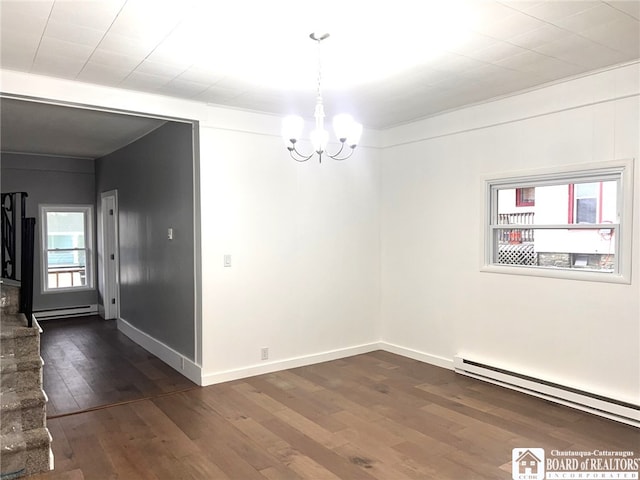 298 S Main St, Jamestown, NY 14701 - interior space featuring an inviting chandelier, baseboards, dark wood-type flooring, and a baseboard radiator