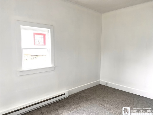 298 S Main St, Jamestown, NY 14701 - unfurnished room with baseboards, dark colored carpet, and a baseboard radiator