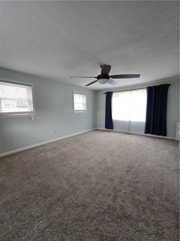 empty room with baseboards, carpet flooring, and a textured ceiling