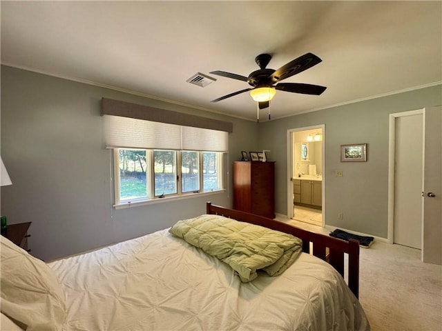 4 Ravine Park N, Oneonta-City, NY 13820 - bedroom featuring ornamental molding, light carpet, ensuite bathroom, and a ceiling fan