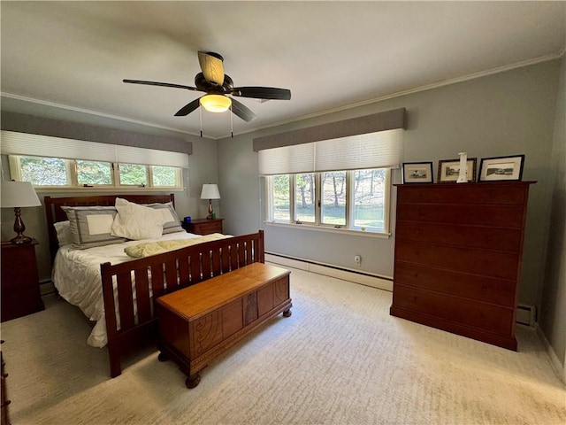 4 Ravine Park N, Oneonta-City, NY 13820 - bedroom featuring a baseboard heating unit, multiple windows, light carpet, ornamental molding, and a ceiling fan