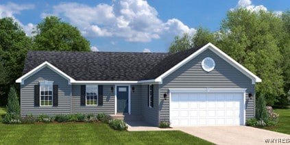 ranch-style home featuring driveway, a front lawn, and an attached garage