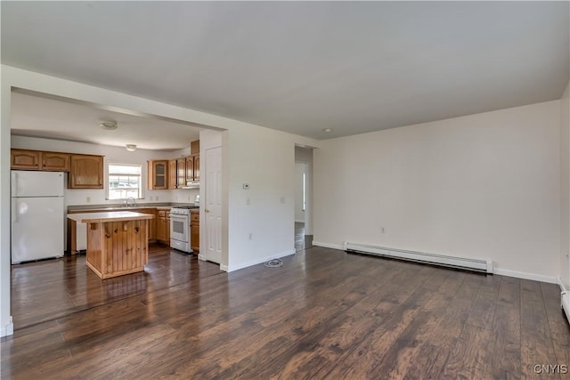 36194 State Route 180, Orleans, NY 13656 - kitchen with glass insert cabinets, dark wood finished floors, a center island, white appliances, and a baseboard radiator