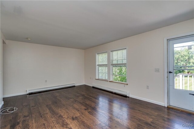 36194 State Route 180, Orleans, NY 13656 - empty room with baseboard heating, dark wood-type flooring, and baseboards