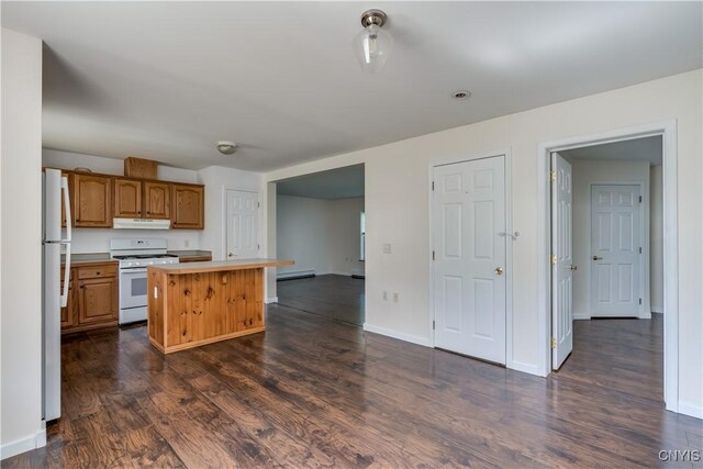 36194 State Route 180, Orleans, NY 13656 - kitchen with white appliances, dark wood-style flooring, light countertops, under cabinet range hood, and a center island