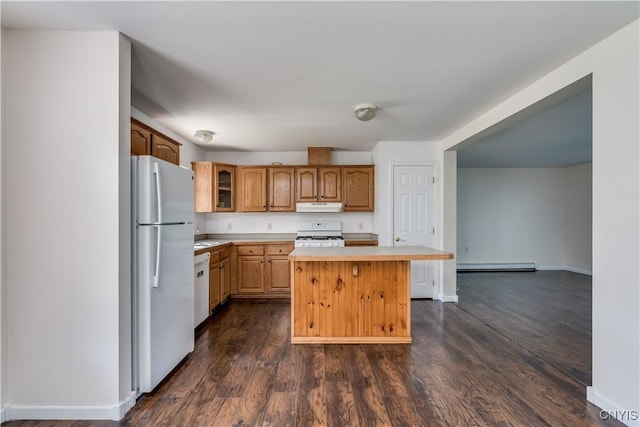 36194 State Route 180, Orleans, NY 13656 - kitchen with dark wood-style floors, a center island, white appliances, light countertops, and baseboard heating