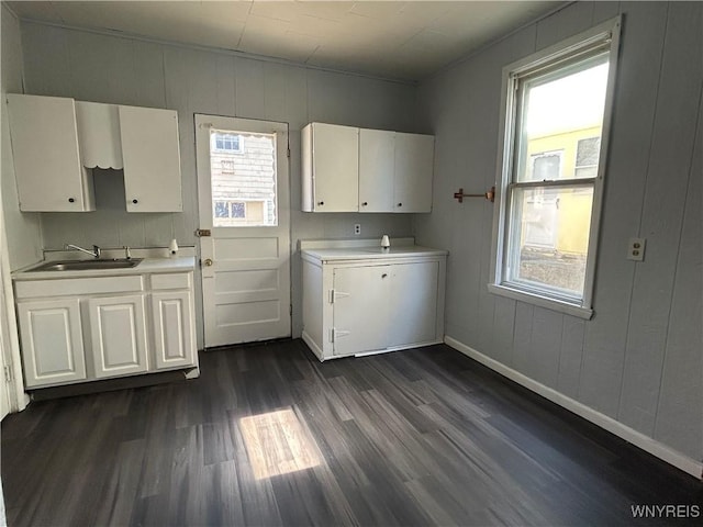 clothes washing area with a sink, cabinet space, dark wood-type flooring, and a healthy amount of sunlight