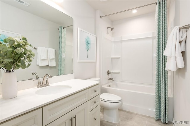 bathroom with tile patterned floors, visible vents, toilet, shower / bath combination with curtain, and vanity