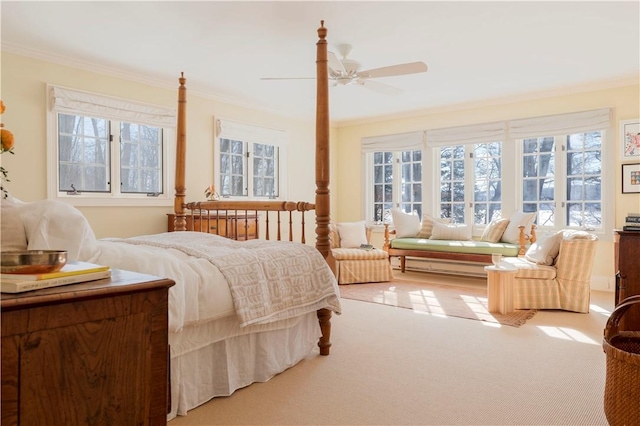 196 Wellington Ln, Springfield, NY 13326 - bedroom featuring crown molding, multiple windows, light carpet, and ceiling fan